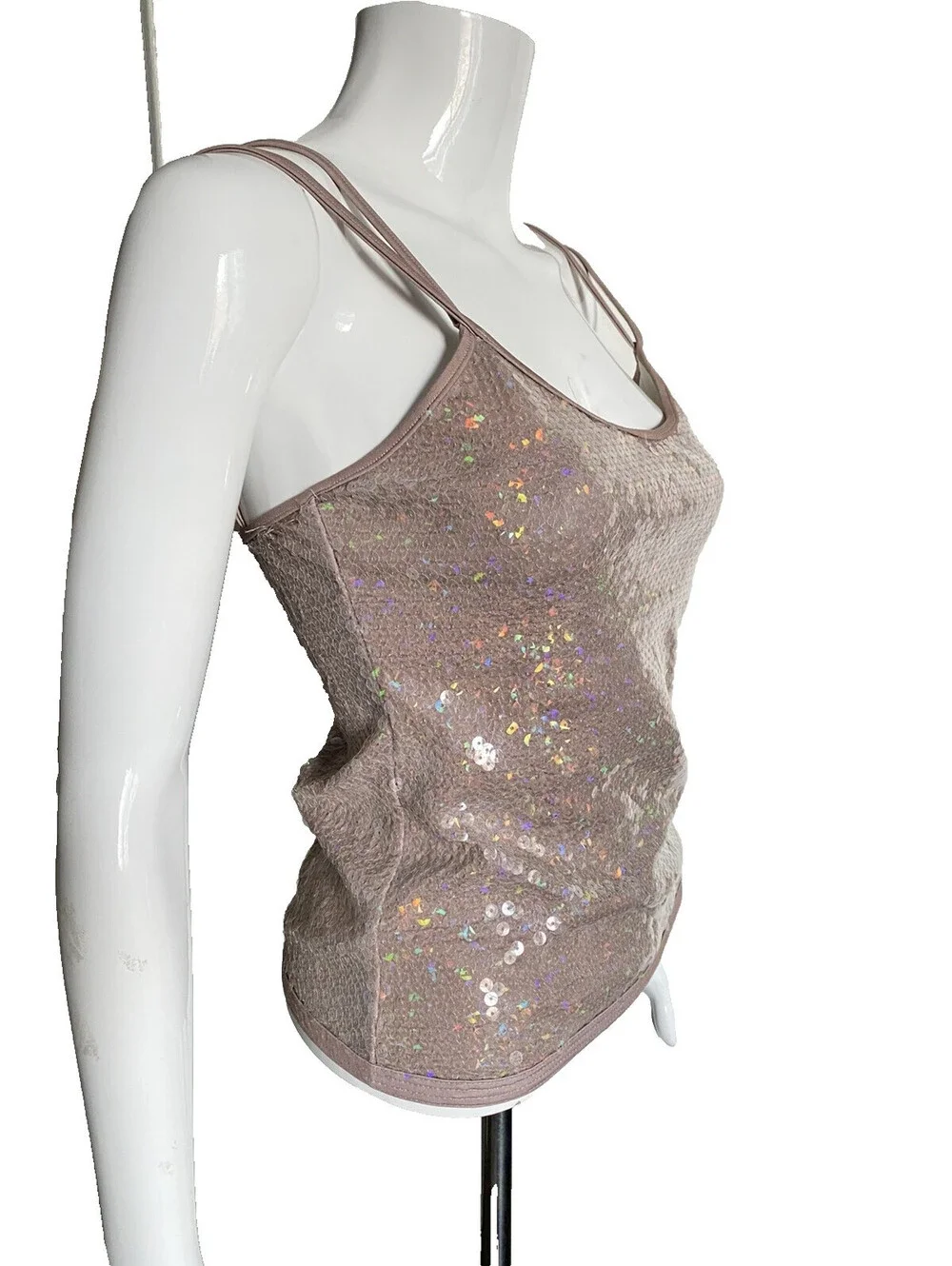 Vintage CHANEL 2005 FR-38 Sequin Tank Top Brown Beige CC Logo 05P Small